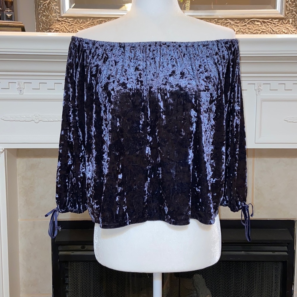 AEO Crushed Blue Velvet Off Shoulder Peasant Top